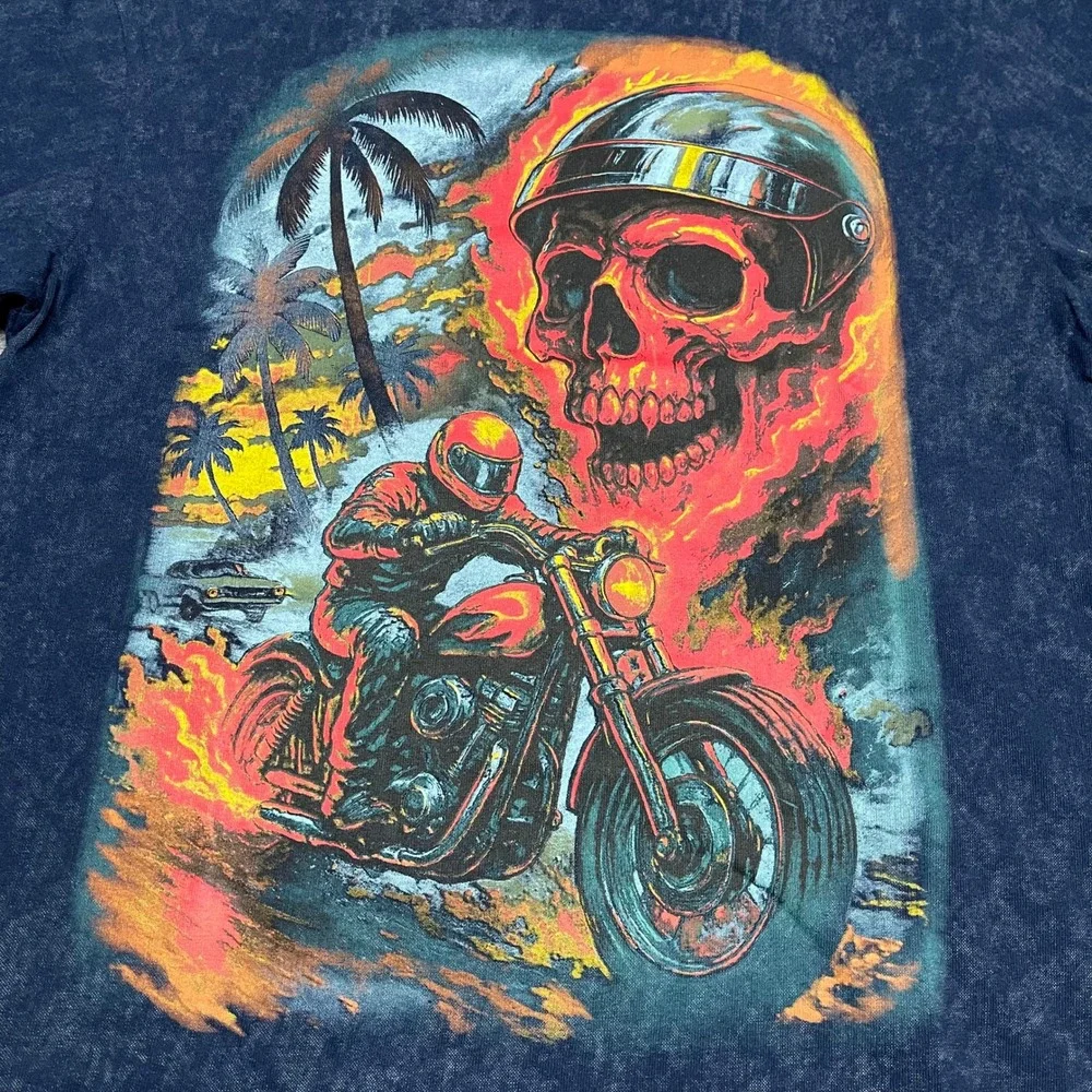 Biker Shirt Mens Large Blue Mad Cult Rescued From The Embers Skull Graphic Boxy